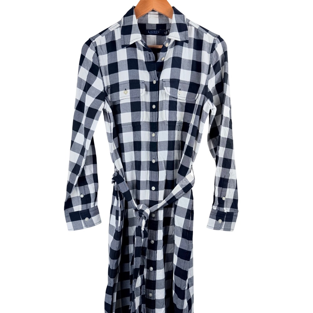 Lauren Ralph Lauren Buffalo Plaid Cotton Shirt Dress Black White 6 Preppy Midi - Picture 3 of 14